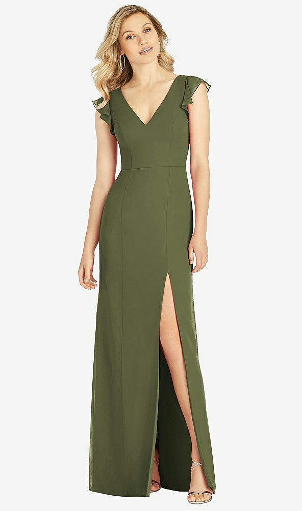 Front View - Olive Green Ruffled Sleeve Mermaid Dress with Front Slit