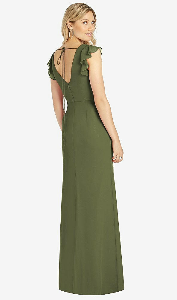 Back View - Olive Green Ruffled Sleeve Mermaid Dress with Front Slit