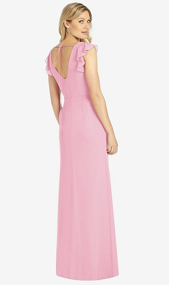 Back View - Peony Pink Ruffled Sleeve Mermaid Dress with Front Slit