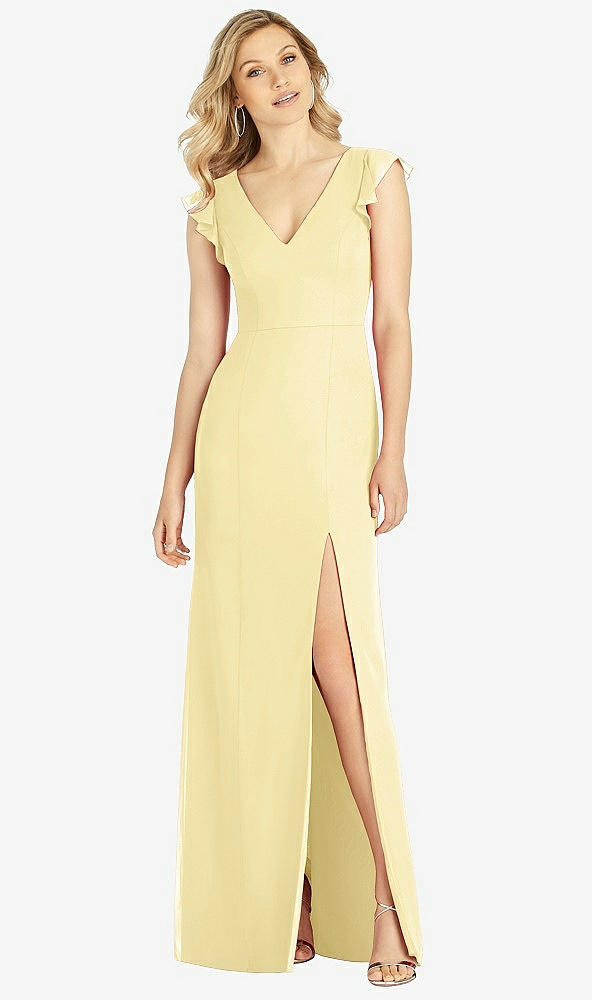 Front View - Pale Yellow Ruffled Sleeve Mermaid Dress with Front Slit