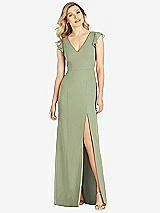 Front View Thumbnail - Sage Ruffled Sleeve Mermaid Dress with Front Slit