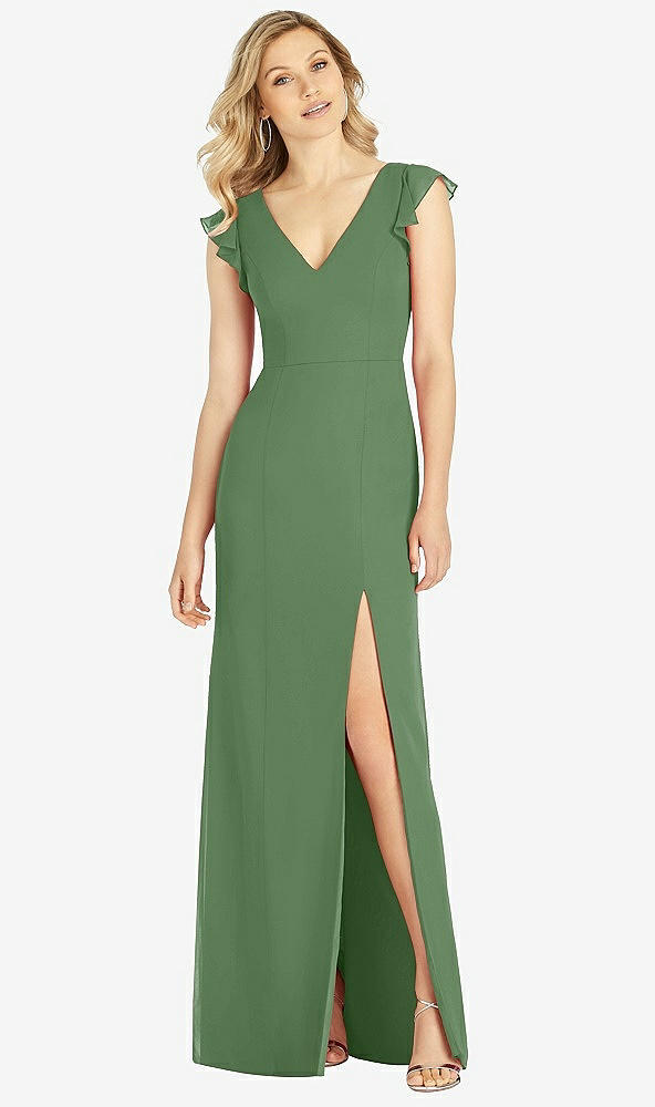 Front View - Vineyard Green Ruffled Sleeve Mermaid Dress with Front Slit