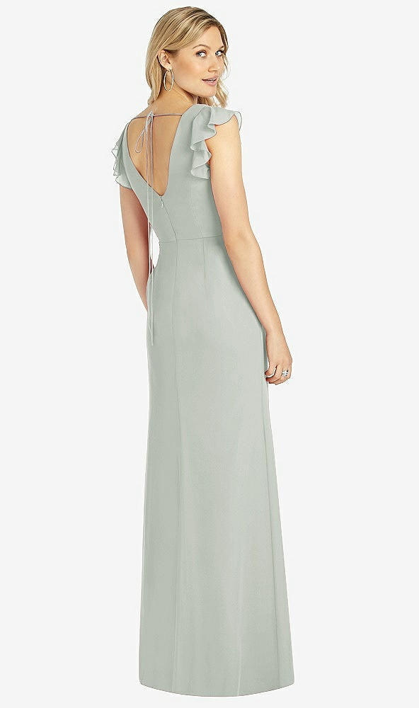 Back View - Willow Green Ruffled Sleeve Mermaid Dress with Front Slit