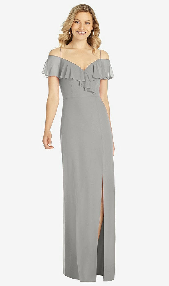 Front View - Chelsea Gray Ruffled Cold-Shoulder Maxi Dress
