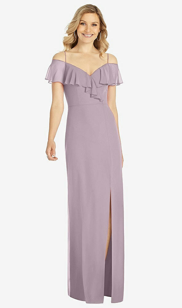 Front View - Lilac Dusk Ruffled Cold-Shoulder Maxi Dress