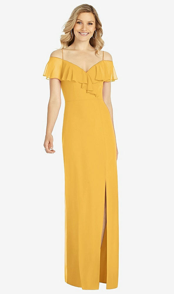 Front View - NYC Yellow Ruffled Cold-Shoulder Maxi Dress