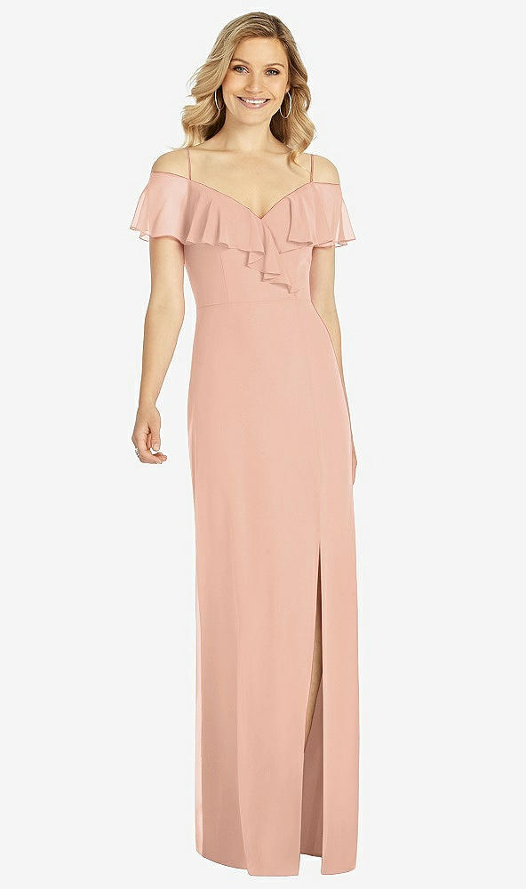 Front View - Pale Peach Ruffled Cold-Shoulder Maxi Dress