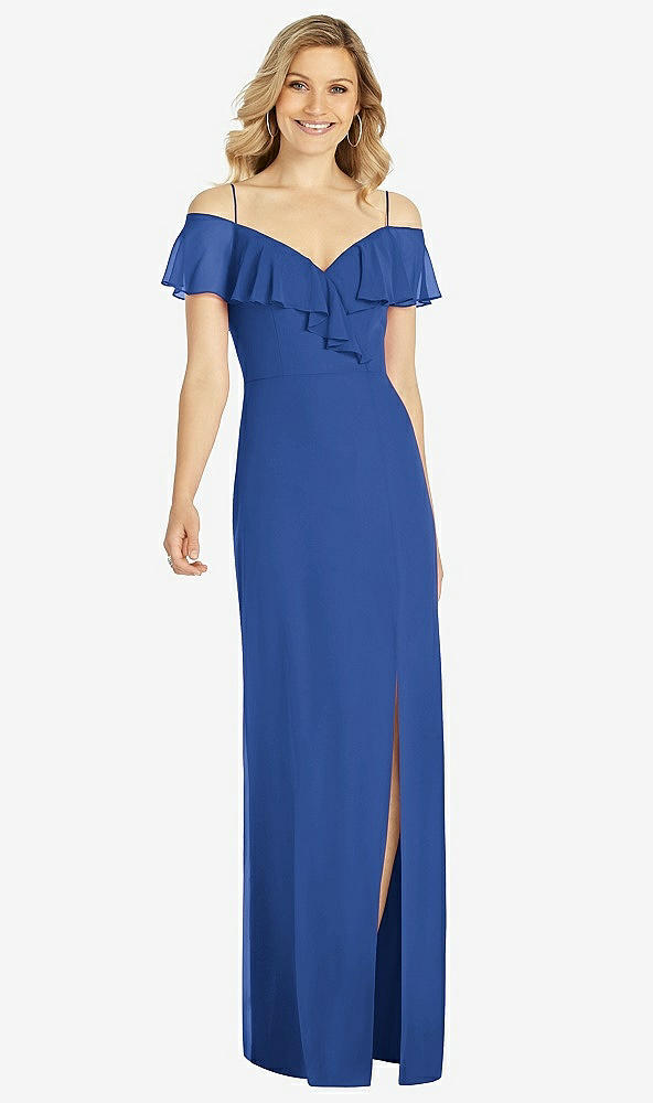 Front View - Classic Blue Ruffled Cold-Shoulder Maxi Dress