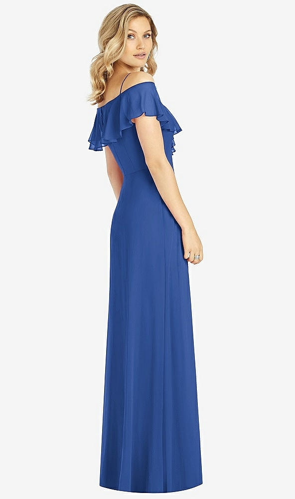 Back View - Classic Blue Ruffled Cold-Shoulder Maxi Dress