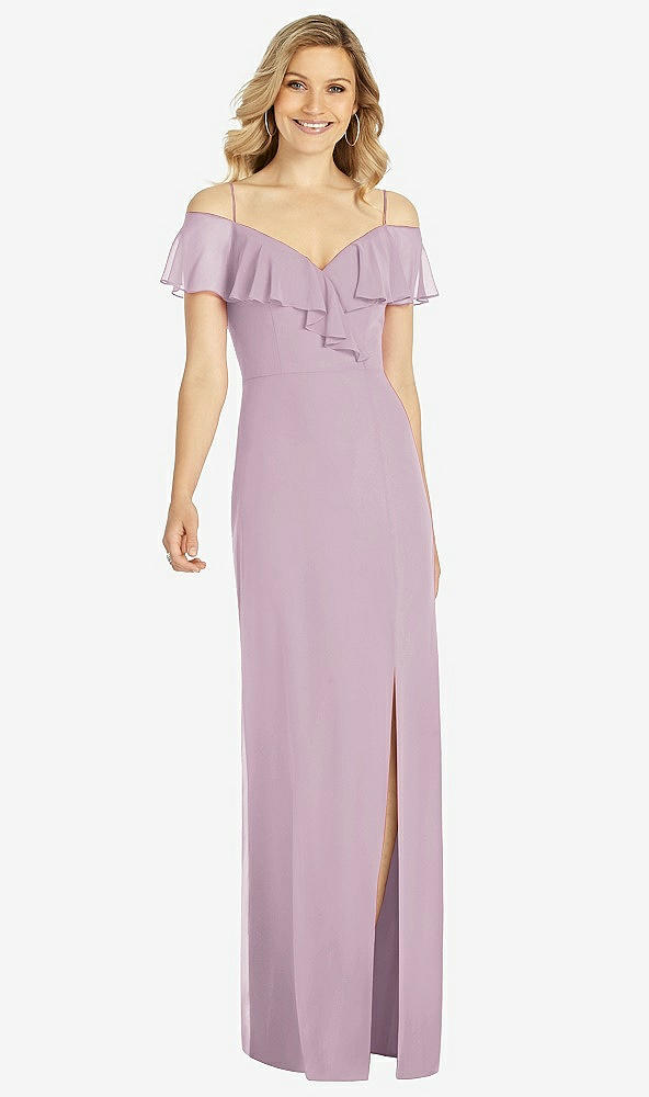 Front View - Suede Rose Ruffled Cold-Shoulder Maxi Dress