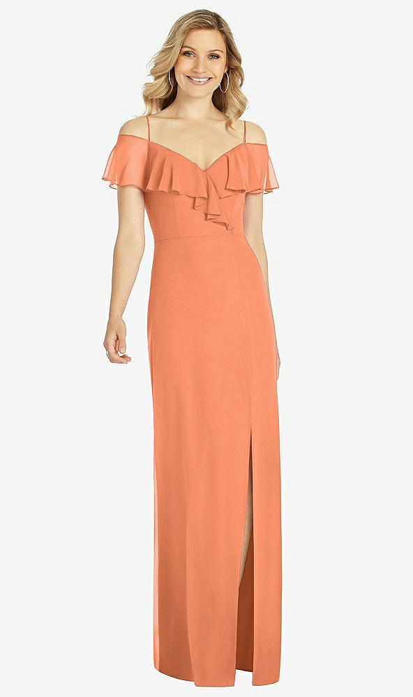 Front View - Sweet Melon Ruffled Cold-Shoulder Maxi Dress