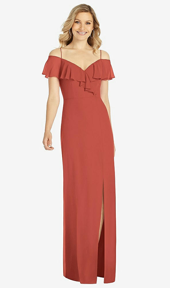 Front View - Amber Sunset Ruffled Cold-Shoulder Maxi Dress