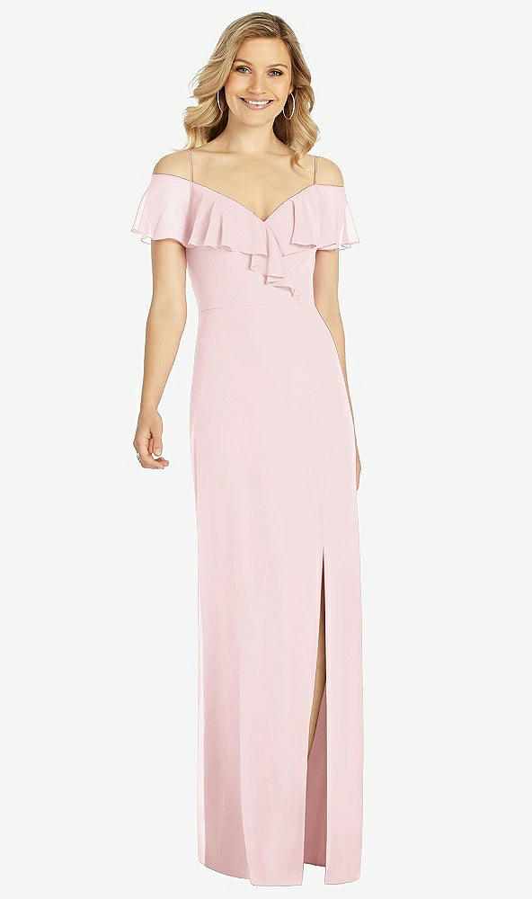 Front View - Ballet Pink Ruffled Cold-Shoulder Maxi Dress