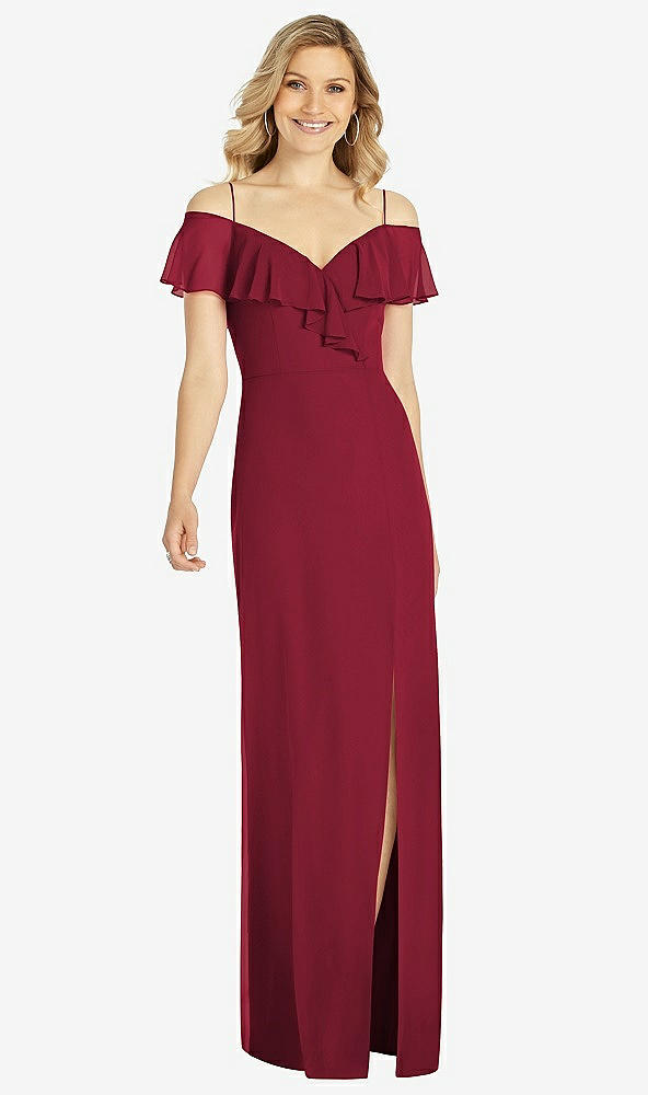 Front View - Burgundy Ruffled Cold-Shoulder Maxi Dress