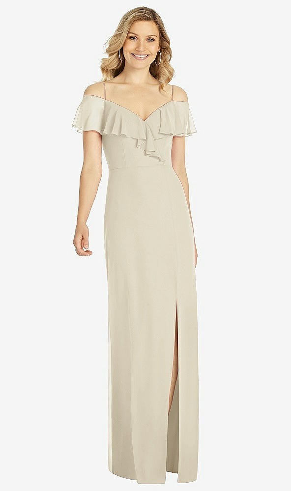 Front View - Champagne Ruffled Cold-Shoulder Maxi Dress