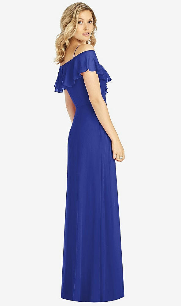 Back View - Cobalt Blue Ruffled Cold-Shoulder Maxi Dress