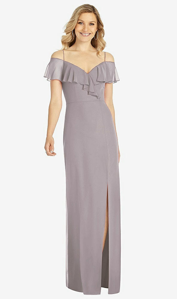 Front View - Cashmere Gray Ruffled Cold-Shoulder Maxi Dress