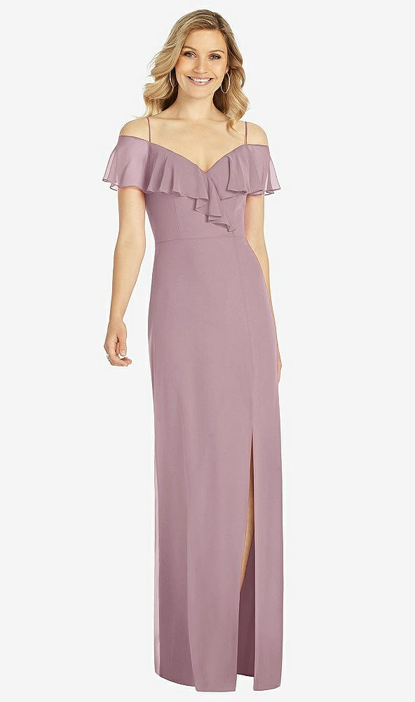 Front View - Dusty Rose Ruffled Cold-Shoulder Maxi Dress