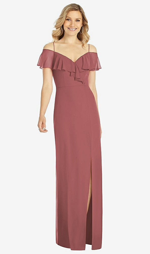 Front View - English Rose Ruffled Cold-Shoulder Maxi Dress