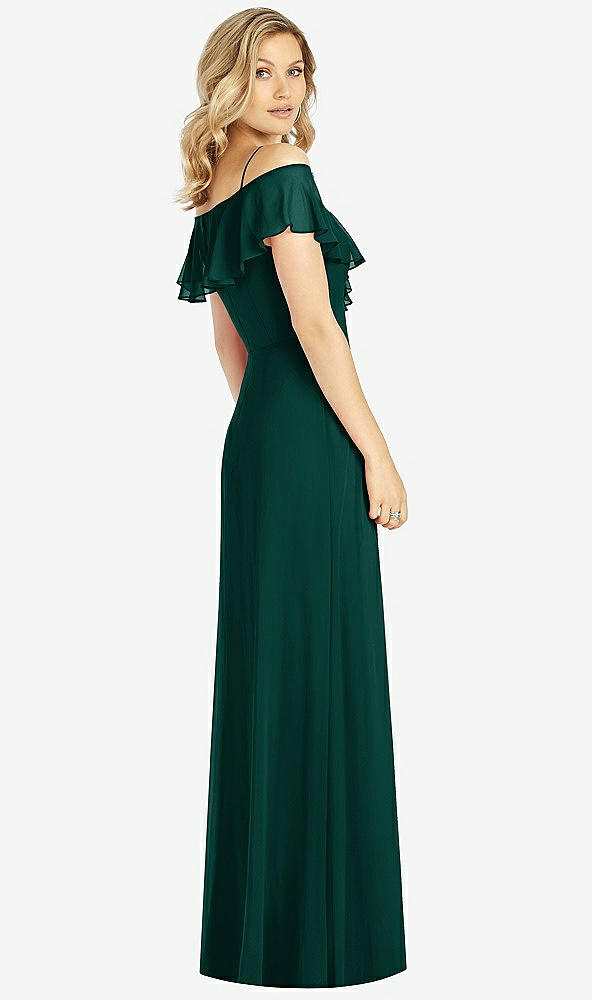 Back View - Evergreen Ruffled Cold-Shoulder Maxi Dress