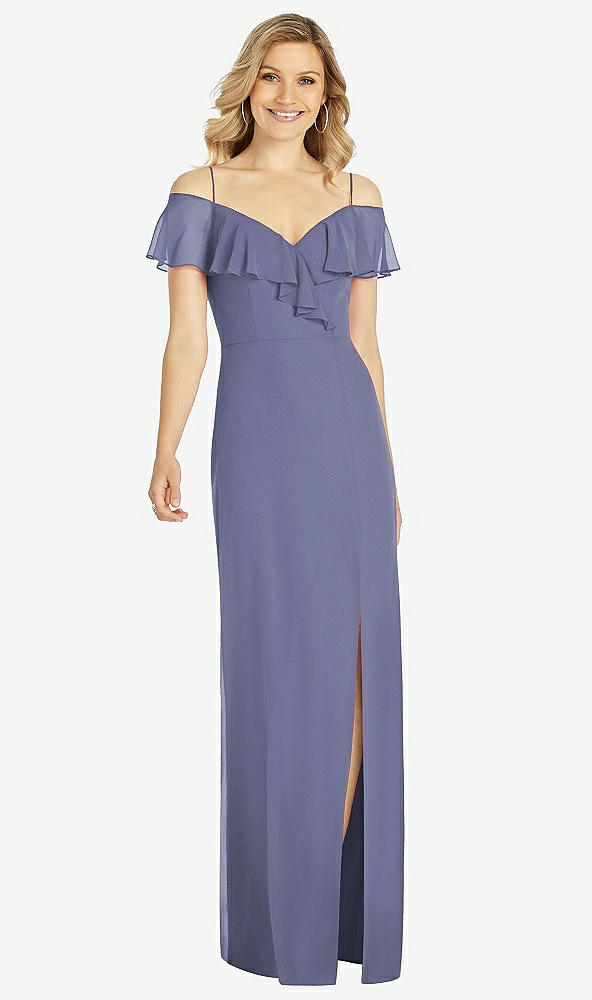 Front View - French Blue Ruffled Cold-Shoulder Maxi Dress