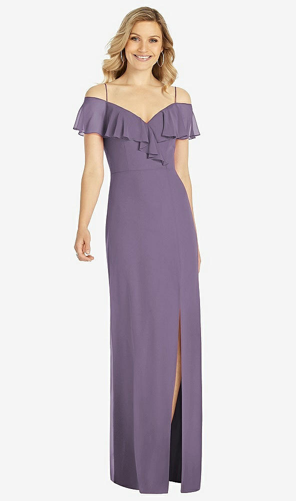 Front View - Lavender Ruffled Cold-Shoulder Maxi Dress