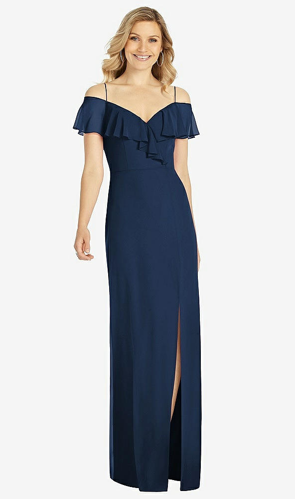 Front View - Midnight Navy Ruffled Cold-Shoulder Maxi Dress