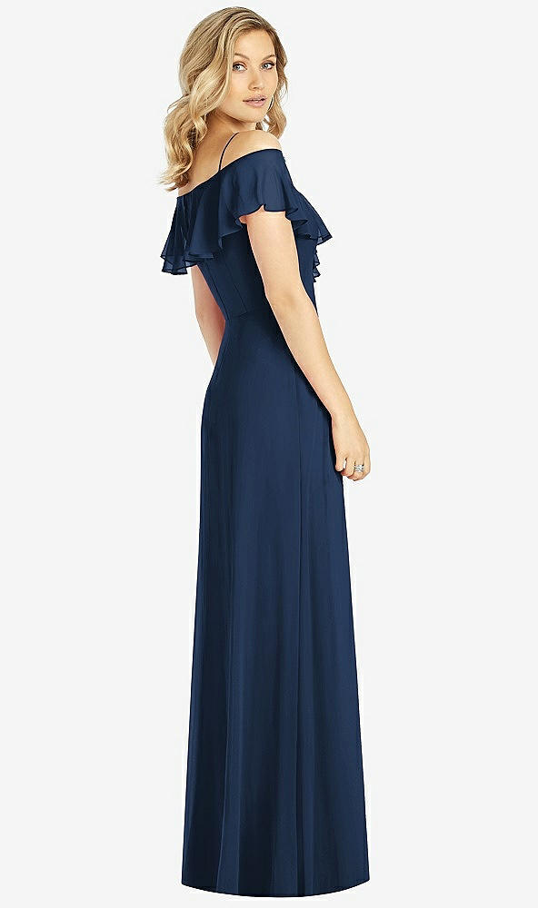Back View - Midnight Navy Ruffled Cold-Shoulder Maxi Dress