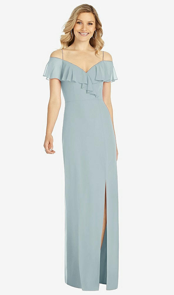 Front View - Morning Sky Ruffled Cold-Shoulder Maxi Dress