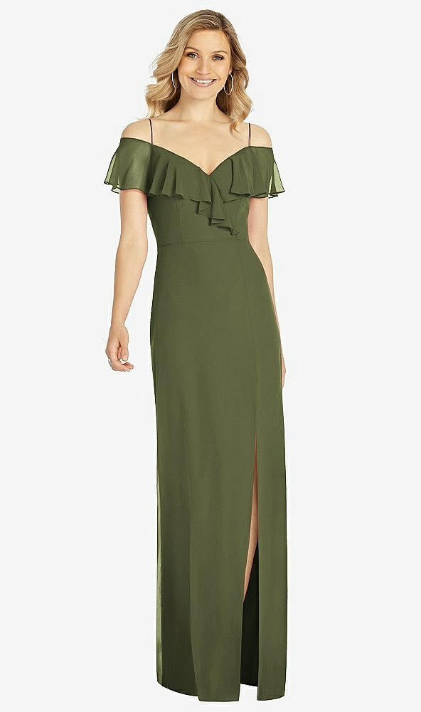 Front View - Olive Green Ruffled Cold-Shoulder Maxi Dress