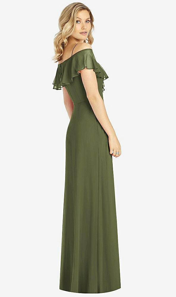 Back View - Olive Green Ruffled Cold-Shoulder Maxi Dress
