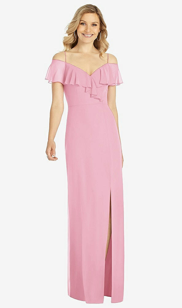 Front View - Peony Pink Ruffled Cold-Shoulder Maxi Dress