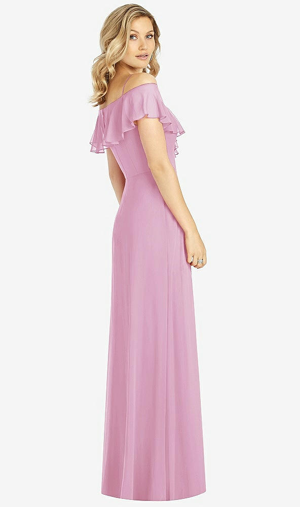Back View - Powder Pink Ruffled Cold-Shoulder Maxi Dress