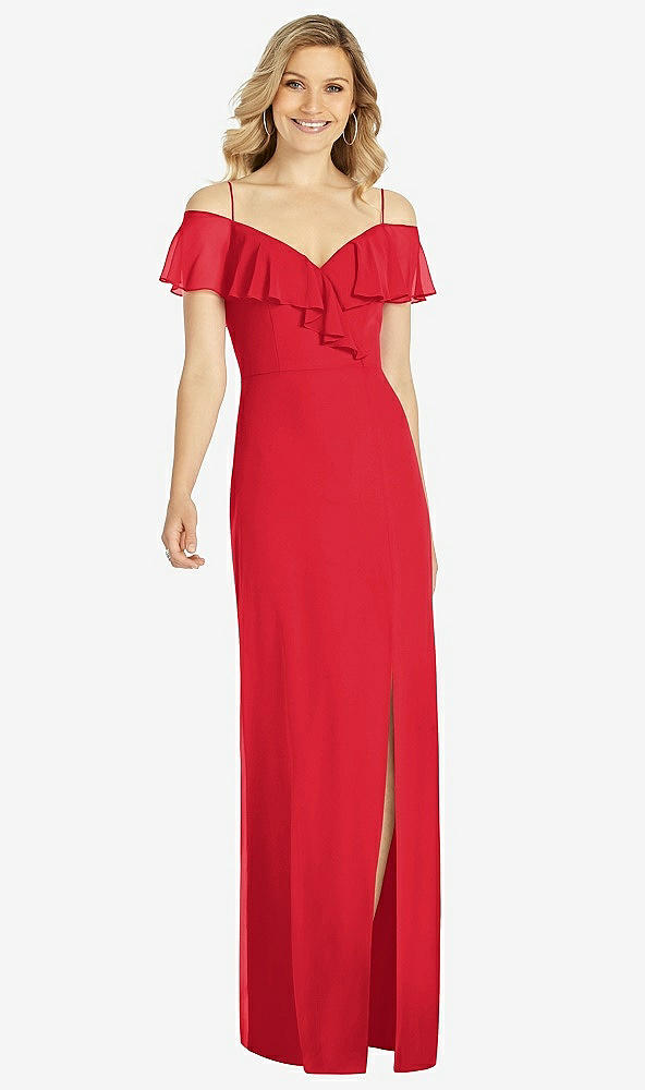 Front View - Parisian Red Ruffled Cold-Shoulder Maxi Dress