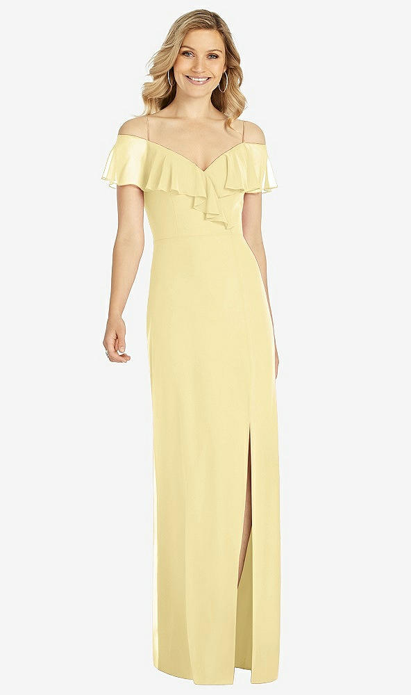 Front View - Pale Yellow Ruffled Cold-Shoulder Maxi Dress