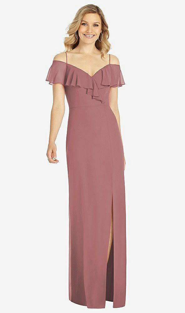 Front View - Rosewood Ruffled Cold-Shoulder Maxi Dress