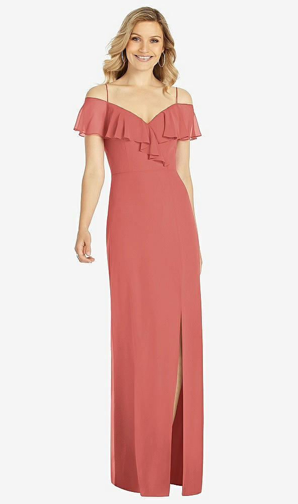 Front View - Coral Pink Ruffled Cold-Shoulder Maxi Dress
