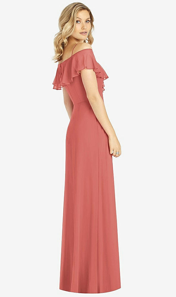 Back View - Coral Pink Ruffled Cold-Shoulder Maxi Dress
