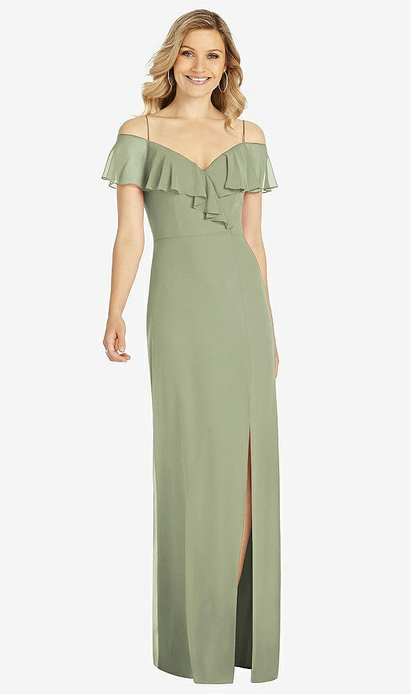 Front View - Sage Ruffled Cold-Shoulder Maxi Dress