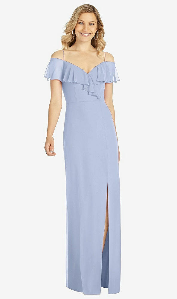 Front View - Sky Blue Ruffled Cold-Shoulder Maxi Dress