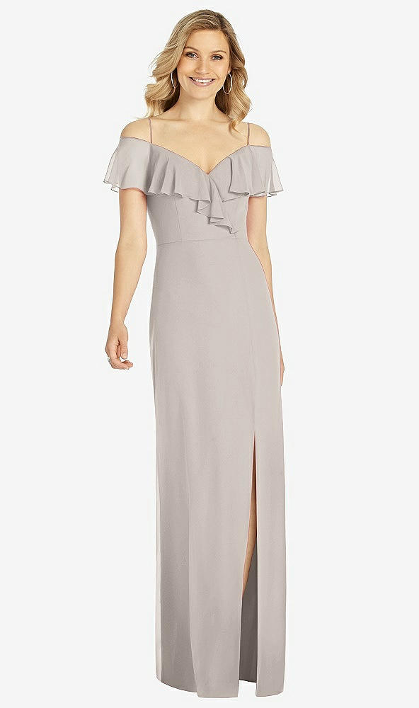Front View - Taupe Ruffled Cold-Shoulder Maxi Dress