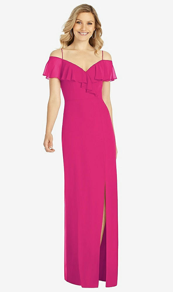Front View - Think Pink Ruffled Cold-Shoulder Maxi Dress