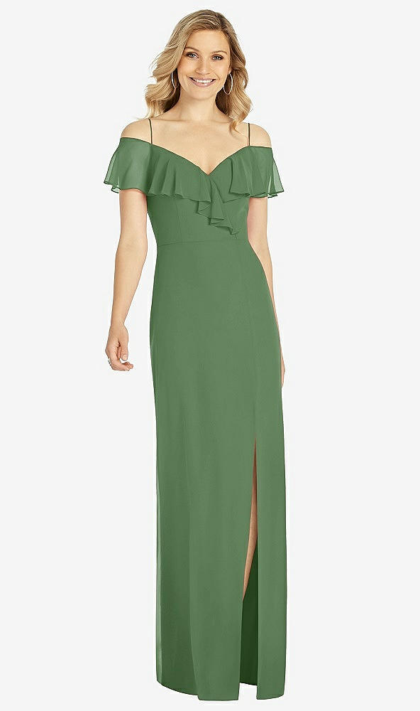 Front View - Vineyard Green Ruffled Cold-Shoulder Maxi Dress