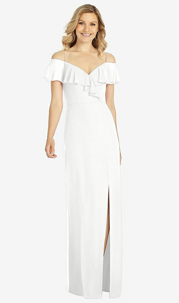 Front View - White Ruffled Cold-Shoulder Maxi Dress