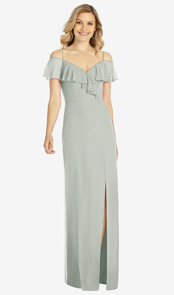 Front View - Willow Green Ruffled Cold-Shoulder Maxi Dress