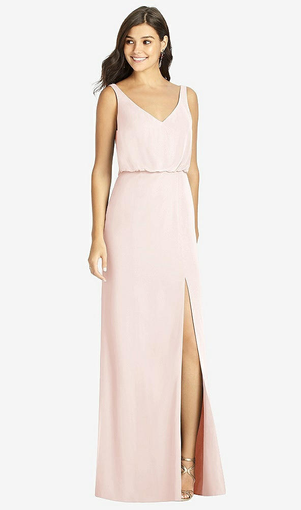 Front View - Blush Blouson Bodice Mermaid Dress with Front Slit