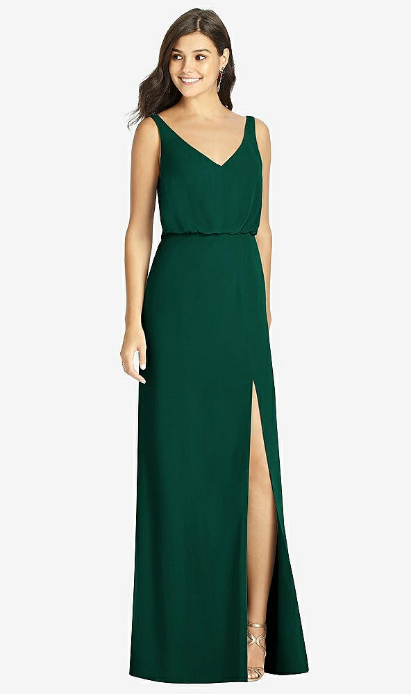 Front View - Hunter Green Blouson Bodice Mermaid Dress with Front Slit