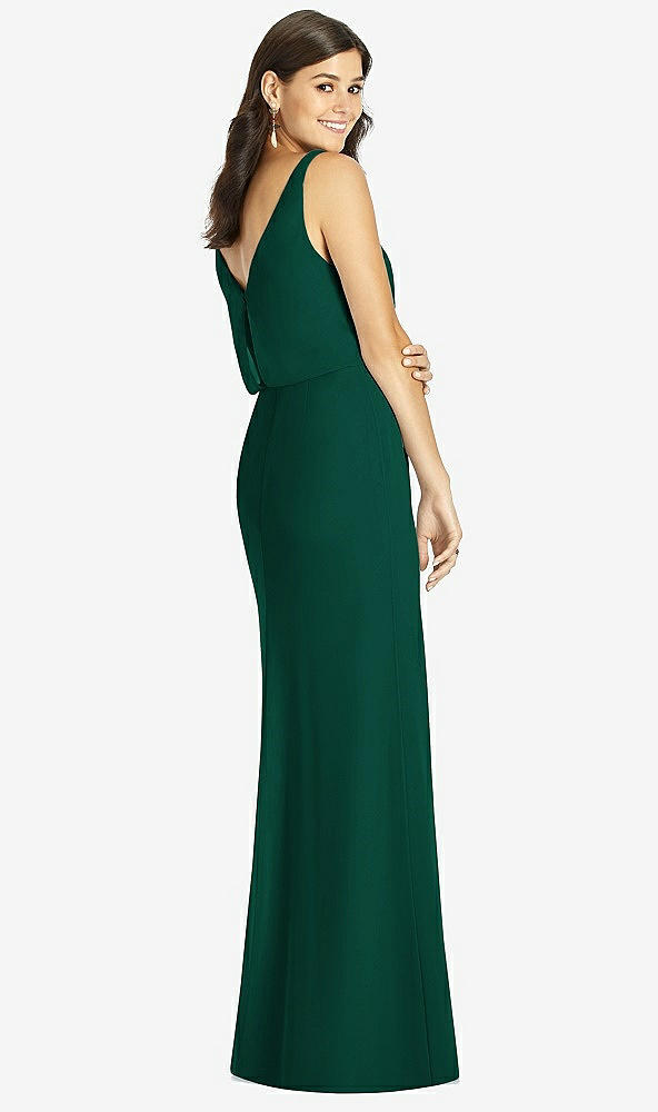 Back View - Hunter Green Blouson Bodice Mermaid Dress with Front Slit
