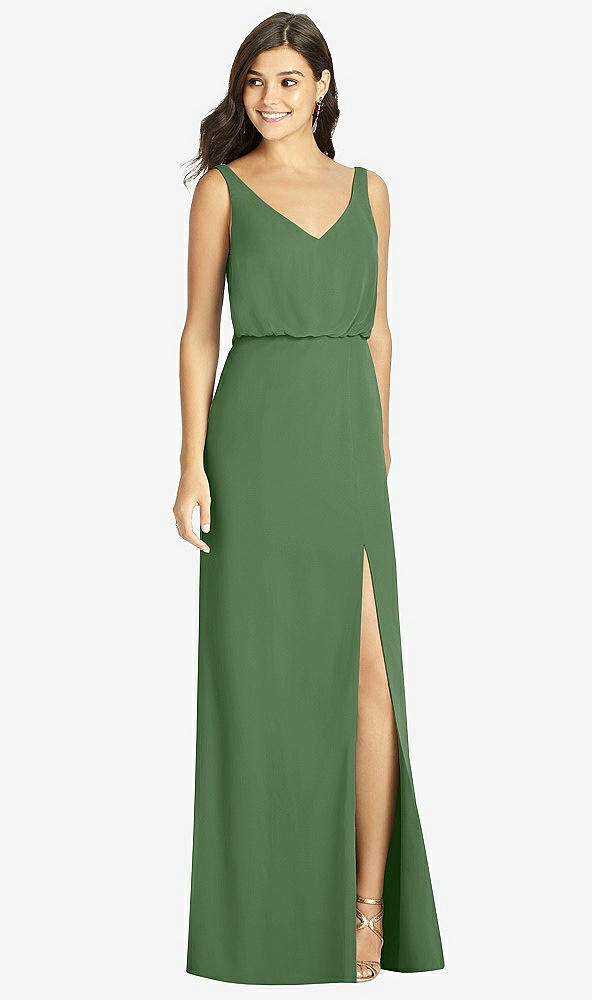 Front View - Vineyard Green Blouson Bodice Mermaid Dress with Front Slit