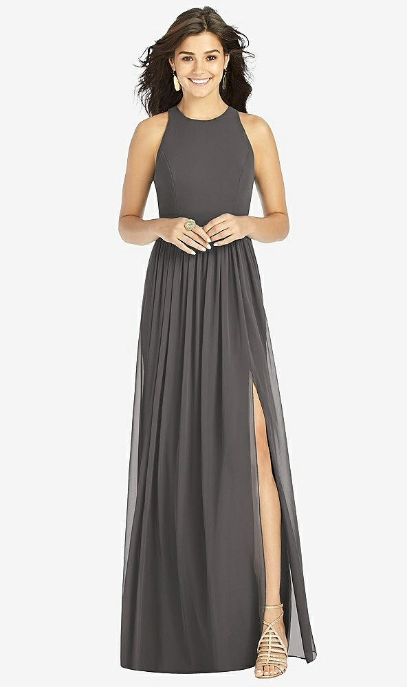 Front View - Caviar Gray Shirred Skirt Jewel Neck Halter Dress with Front Slit